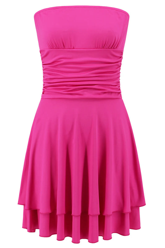 Strapless Hot Pink Ruffle Ruched Short Dress A-Line Party Dresses