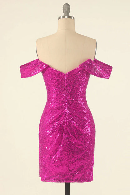 Fuchsia Off the Shoulder Sequin Party Mini Dress Bodycon Party Dresses