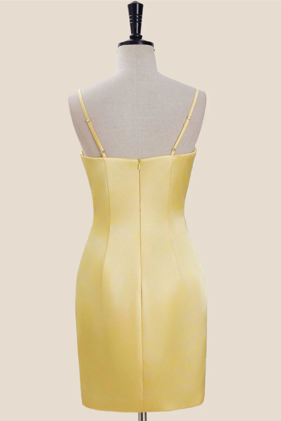 Straps Yellow Ruched Satin Bodycon Short Dress Homecoming Dress Party Dresses