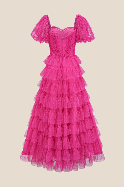 Puff Sleeves Hot Pink Dots Ruffle Tiered Long Dress Party Dresses A-Line Princess