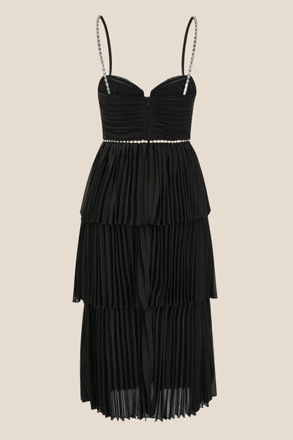 Straps Black Beaded Tiered Pleated Long Dress A-Line Party Dresses