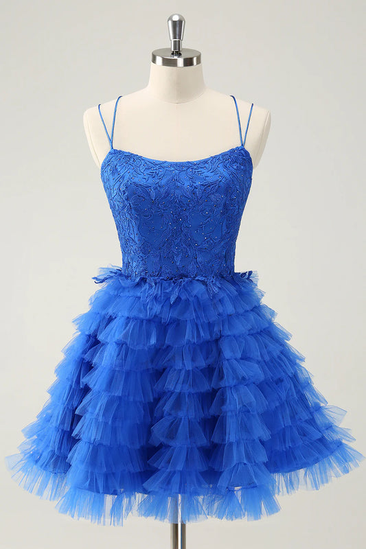 Elegant A Line Spaghetti Straps Tulle Homecoming Dress with Ruffles