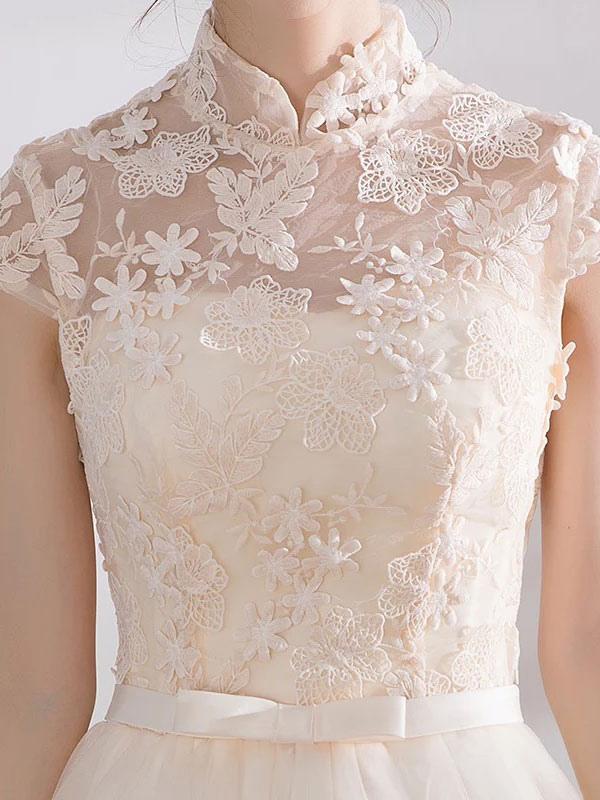 Ivory Cocktail Dress Collar Lace Applique Cap Sleeve Bow Sash Illusion Organza Homecoming Dress