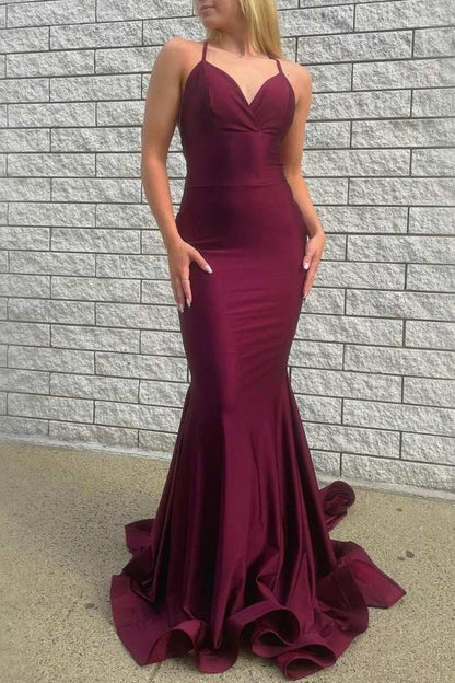 Burgundy V-Neck Sleeveless Mermaid Backless Evening Gown Sweep/Brush Train Dresses