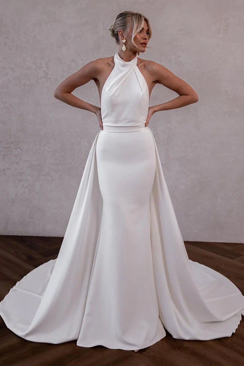 White Satin Halter Backless Wedding Dresses with DetachableTrain