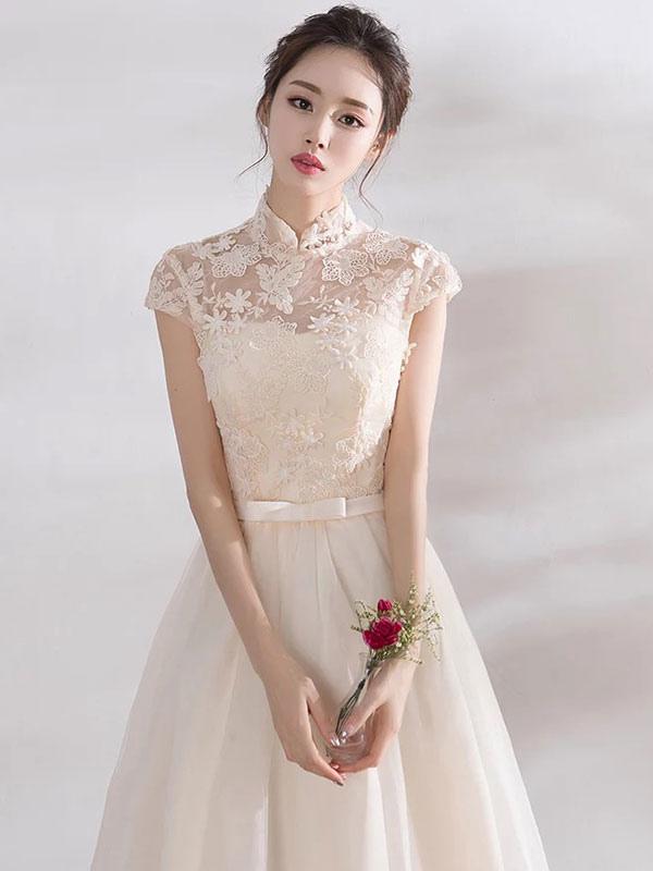 Ivory Cocktail Dress Collar Lace Applique Cap Sleeve Bow Sash Illusion Organza Homecoming Dress