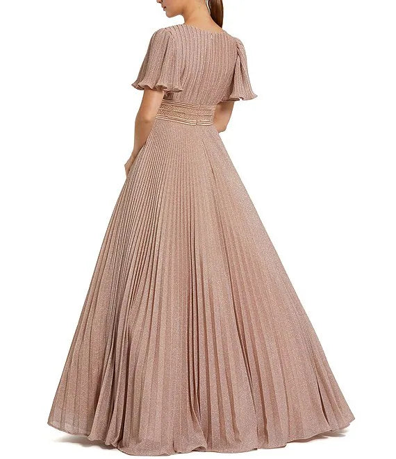 A-Line Pleated Round Neck Short Flutter Sleeve Gown Wedding Guest Party Dresses