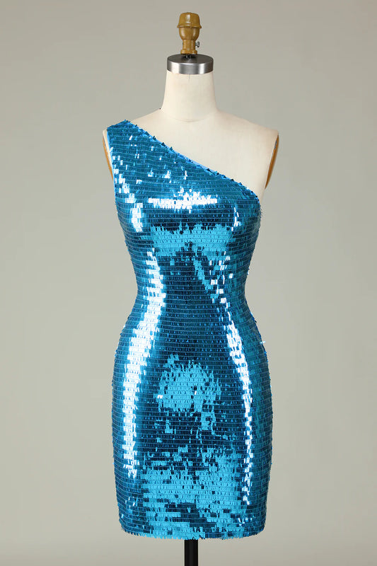 Glitter Royal Blue One Shoulder Sequins Tight Homecoming Dress