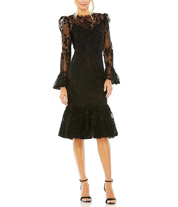 Lace Illusion Crew Neck Long Sleeve Midi Mermaid Wedding Guest Party Dresses