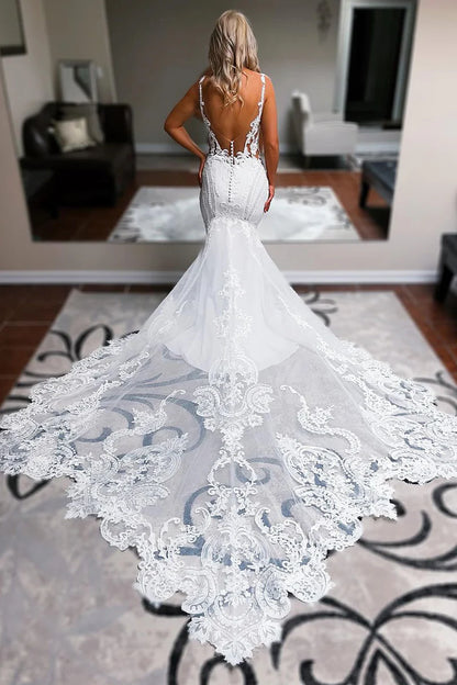 Mermaid V Neck Satin Lace Wedding Dresses