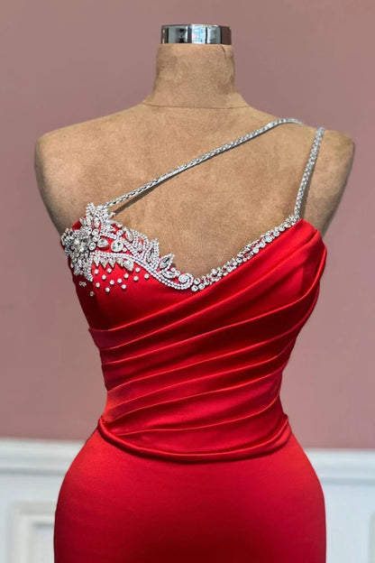 Red One Shoulder Glitter Evening Dresses Mermaid Sleeveless With Beads