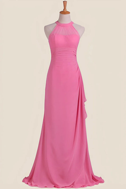 Hot Pink Halter Chiffon Draped Long Dress Bridesmaid Dress Floor-length Prom Dresses