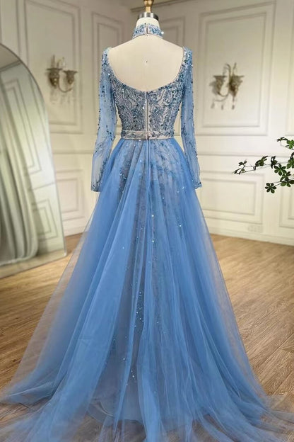 Blue High Neck Sweetheart Mermaid Evening Gown With Beadings Detachable Skirt Long Sleeves