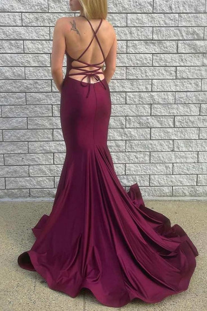 Burgundy V-Neck Sleeveless Mermaid Backless Evening Gown Sweep/Brush Train Dresses