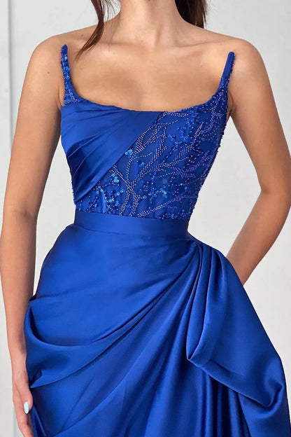 Stunning Royal Blue Mermaid Satin Evening Gown Prom Dress Long Strapless With Sequins