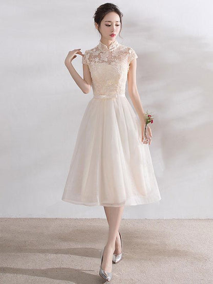 Ivory Cocktail Dress Collar Lace Applique Cap Sleeve Bow Sash Illusion Organza Homecoming Dress