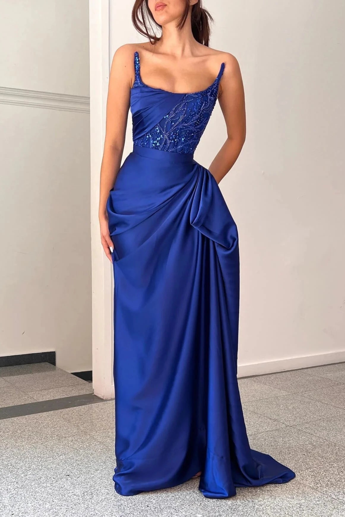 Stunning Royal Blue Mermaid Satin Evening Gown Prom Dress Long Strapless With Sequins