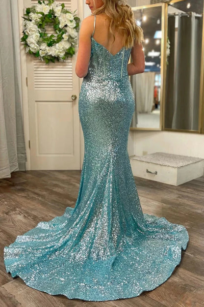 Glamorous Spaghetti-Straps Sleeveless Mermaid Evening Gown With Sequins Sweep/Brush Train Dresses