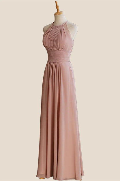 Jewel Blush Chiffon Halterneck Lace Empire Long Bridesmaid Dress