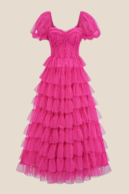 Puff Sleeves Hot Pink Dots Ruffle Tiered Long Dress Party Dresses A-Line Princess