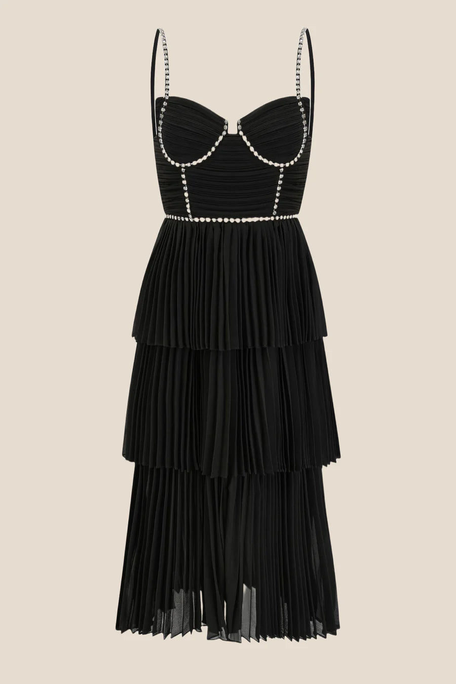 Straps Black Beaded Tiered Pleated Long Dress A-Line Party Dresses