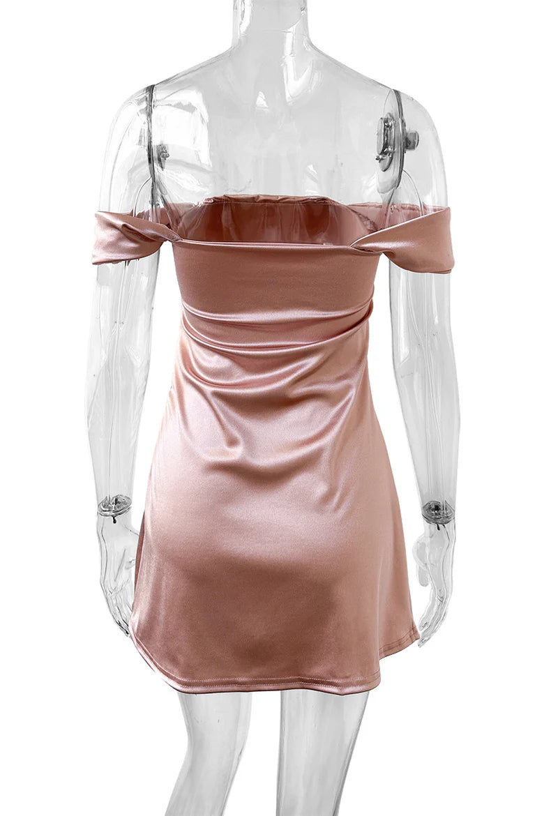 Off the Shoulder Blush Pink Ruched Satin Party Dress Homecoming Dress