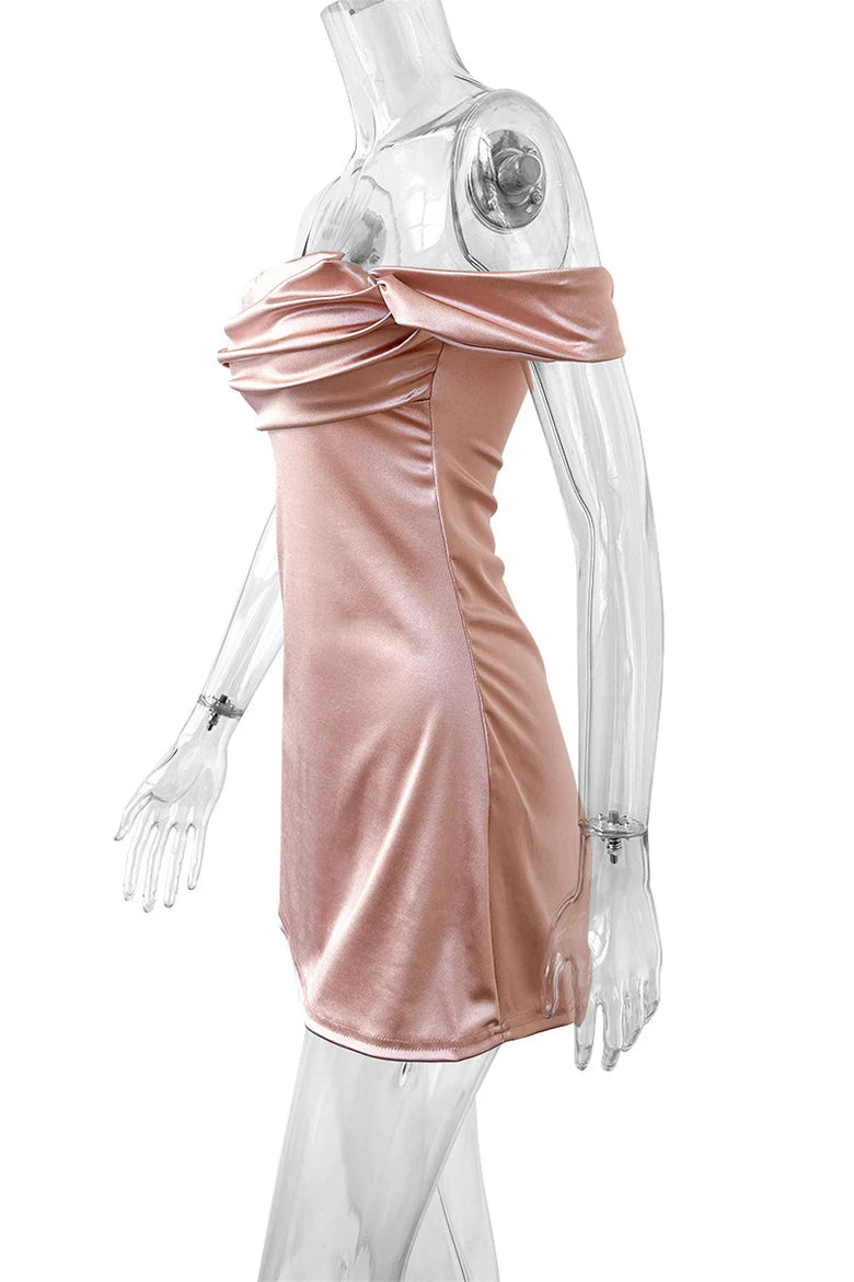 Off the Shoulder Blush Pink Ruched Satin Party Dress Homecoming Dress