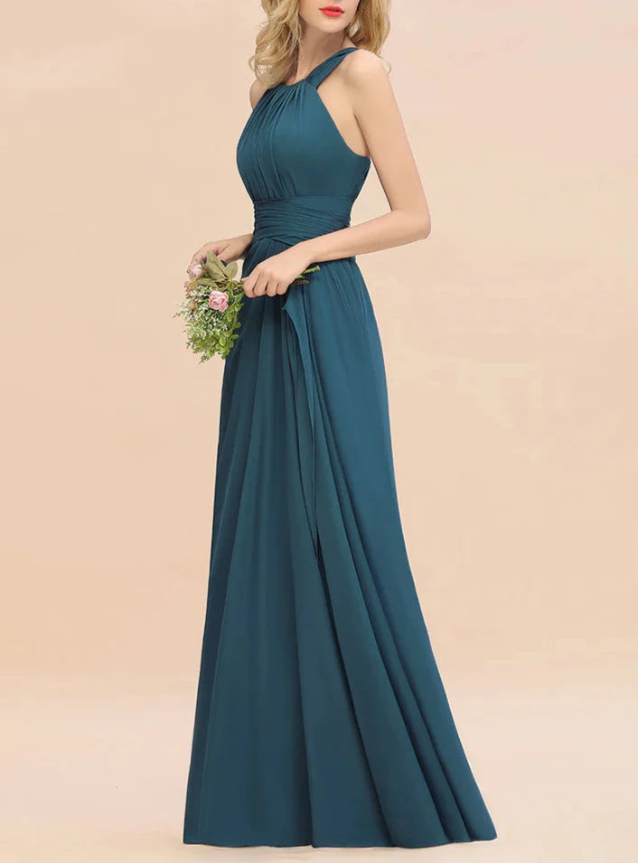 A-Line Round Neck Sleeveless Floor-Length Dress Bridesmaid Dresses