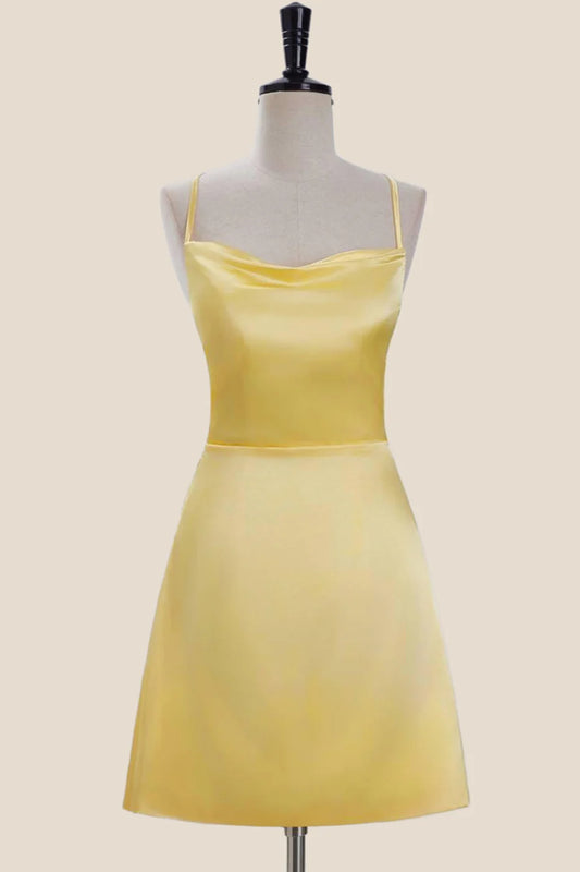 Cowl Neck Yellow Satin A-line Short Dress Spaghetti Strap Asymmetrical Party Dresses