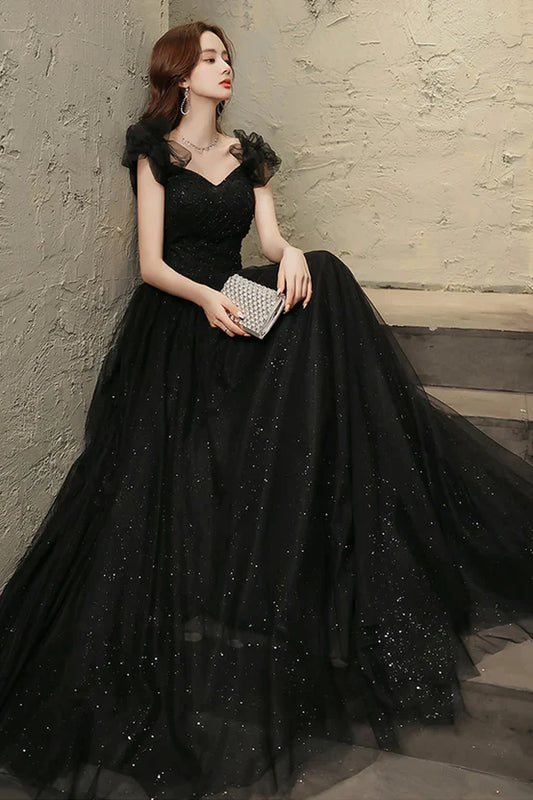 Sparkling Black Tulle Sweetheart Long Party Dress Black Beaded Tulle Formal Floor-length Dress Prom Dress