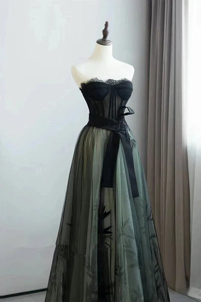 A-line Black and Green Strapless Lace Long Prom Dress Tulle Party Dress