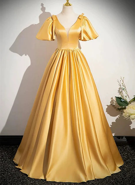 Cute A-line Yellow Satin V-neckline Long Prom Dress Evening Dress