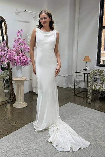 Mermaid Cowl Neck Silk Satin Long Wedding Dresses