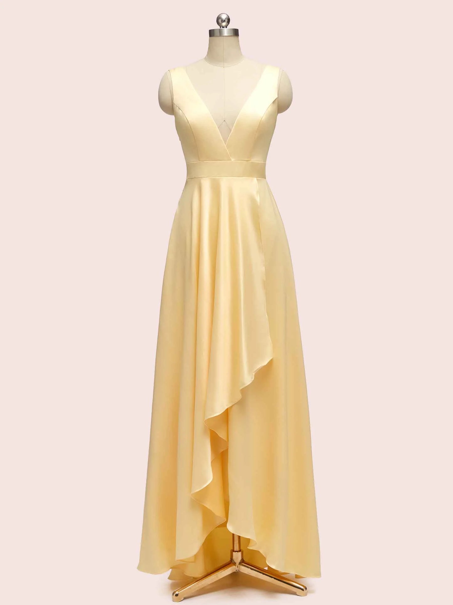 High Low Sleeveless V-Neck A-Line Unique Soft Satin Bridesmaid Dresses Online