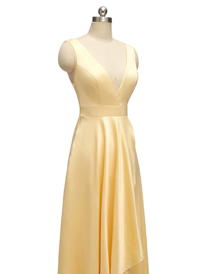 High Low Sleeveless V-Neck A-Line Unique Soft Satin Bridesmaid Dresses Online