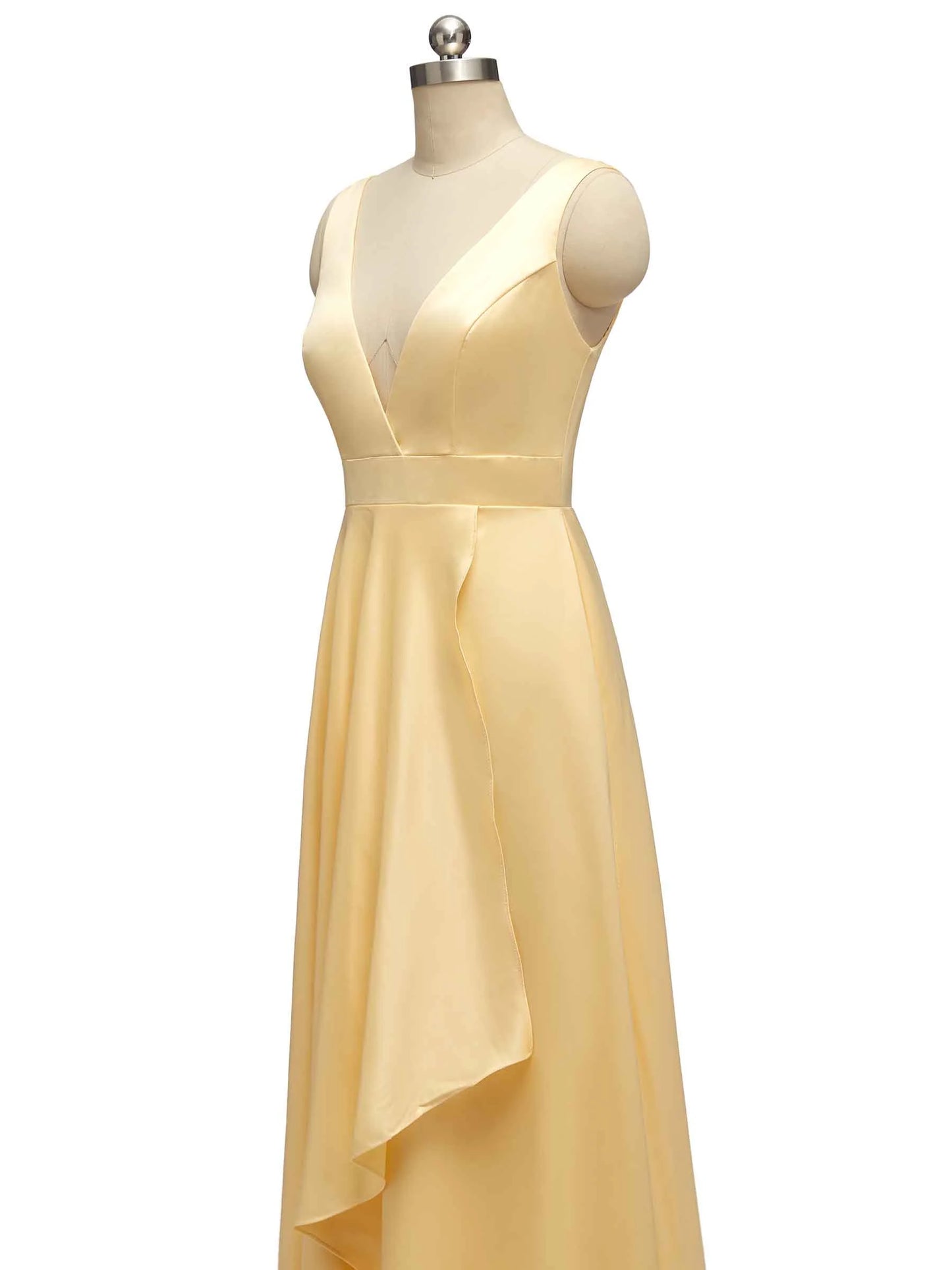 High Low Sleeveless V-Neck A-Line Unique Soft Satin Bridesmaid Dresses Online