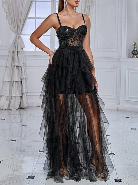 Glitter Black Corset Spaghetti Straps Long Formal Dress with Ruffles