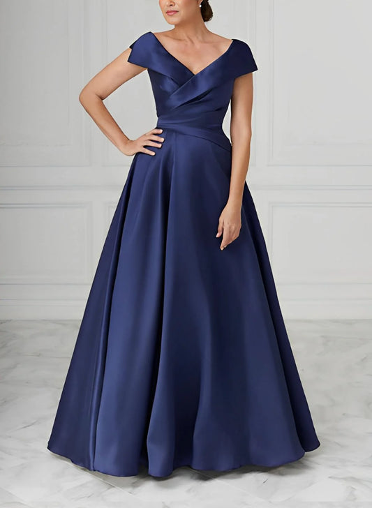 A-Line V-Neck Satin Long Mother Of The Bride Dresses With Ruched