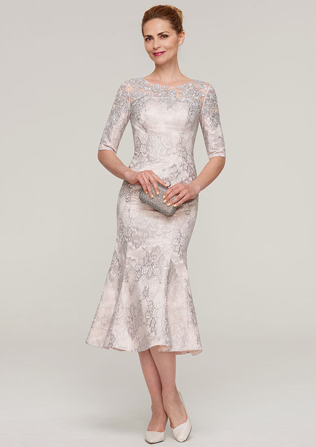 Half Sleeve Tea-Length Lace Mother of the Bride Dress With Appliqued