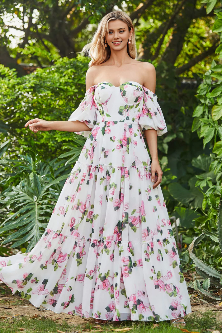 Off Shoulder Flowers Ruffled Chiffon Long Dress Prom Dress