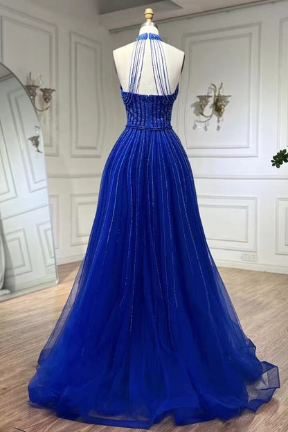 Halter A-Line Evening Gown Prom Dresses Tulle With Beadings Sleeveless