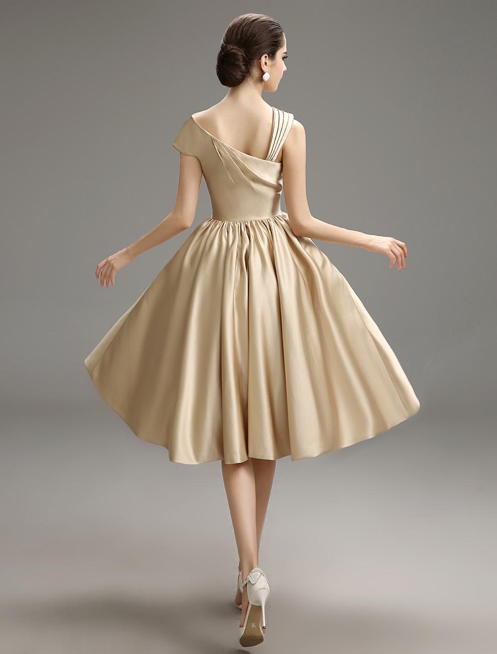 A-Line Gold Champagne Pleated Satin Cocktail Dress Party Dresses