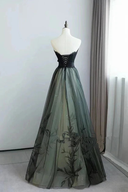 A-line Black and Green Strapless Lace Long Prom Dress Tulle Party Dress