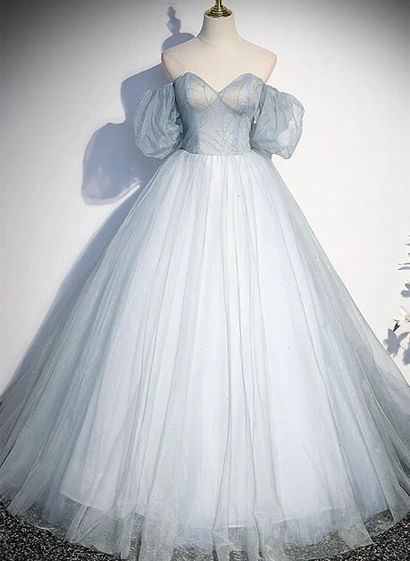 Lovely Light Blue Tulle Sweetheart Long Evening Dress Bubble Sleeved Ballgown Light Blue Prom Dress