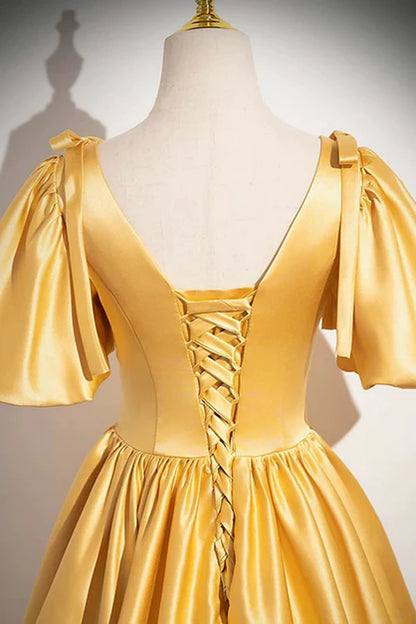 Cute A-line Yellow Satin V-neckline Long Prom Dress Evening Dress