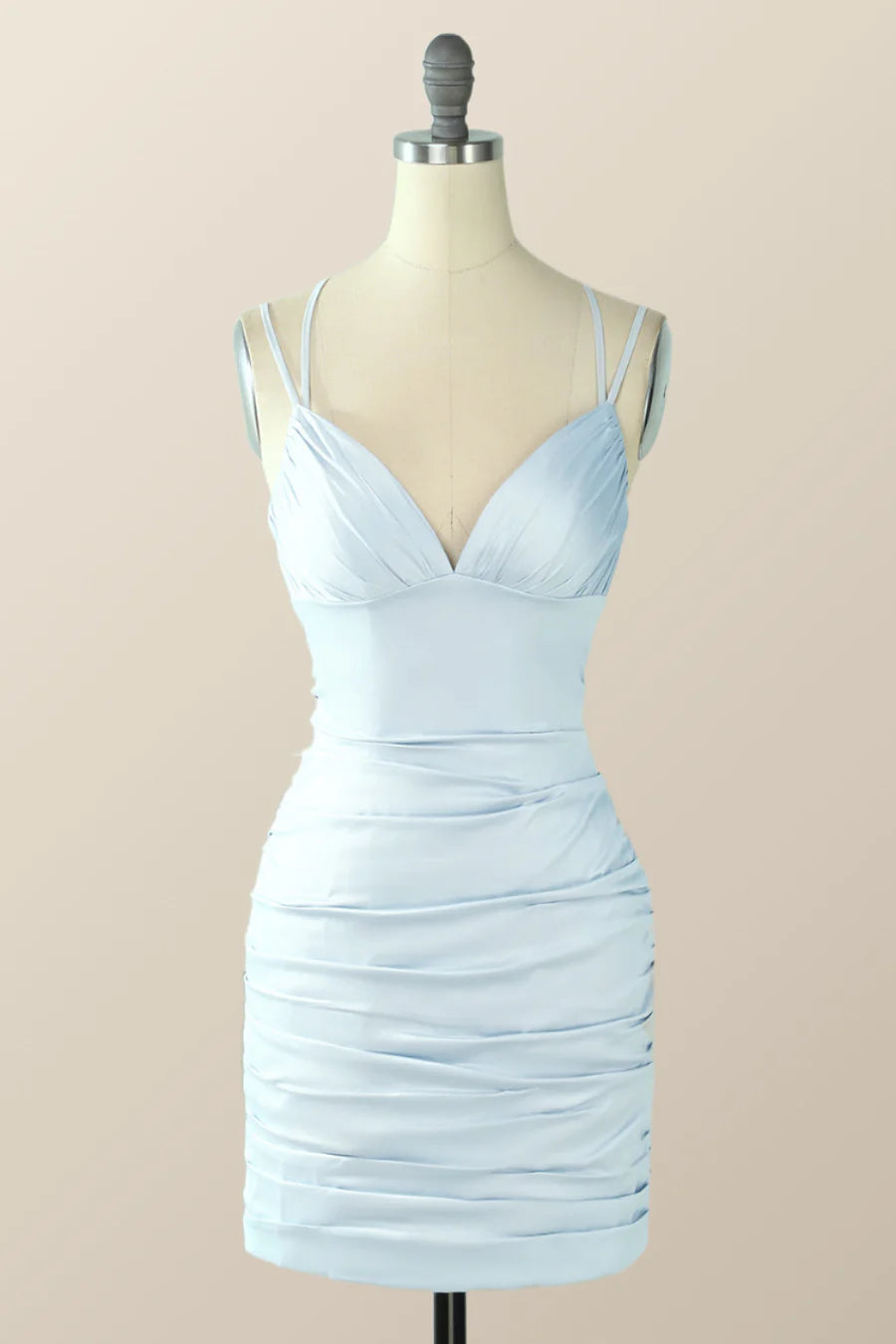 Light Blue Straps Ruched Bodycon Mini Dress Party Dresses