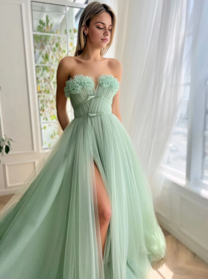 Strapless A-Line Princess Corset Tulle Floor-length Prom Dress With Slit