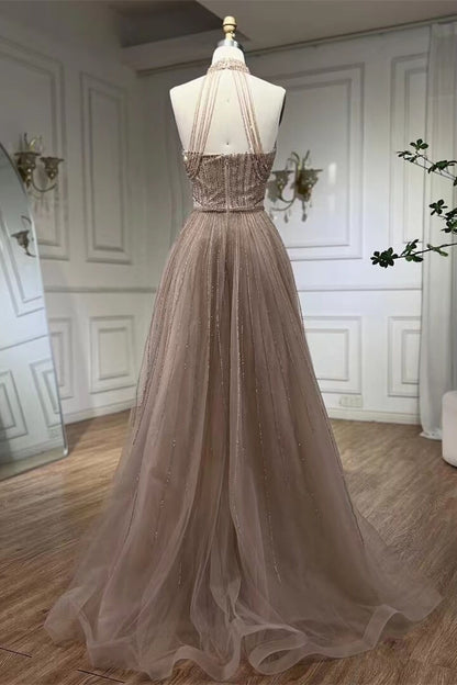 Halter A-Line Evening Gown Prom Dresses Tulle With Beadings Sleeveless