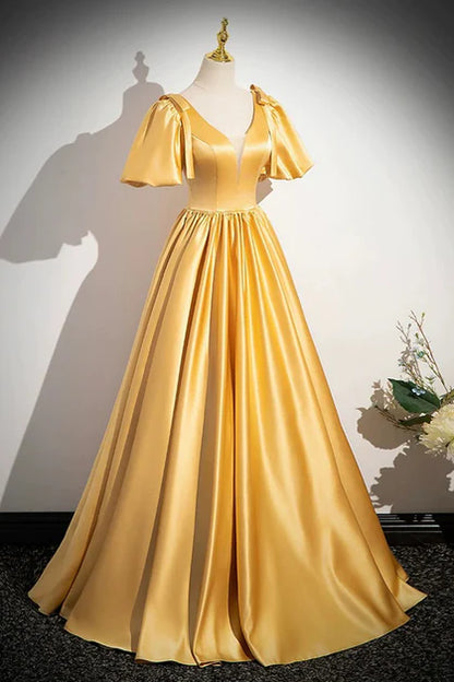 Cute A-line Yellow Satin V-neckline Long Prom Dress Evening Dress