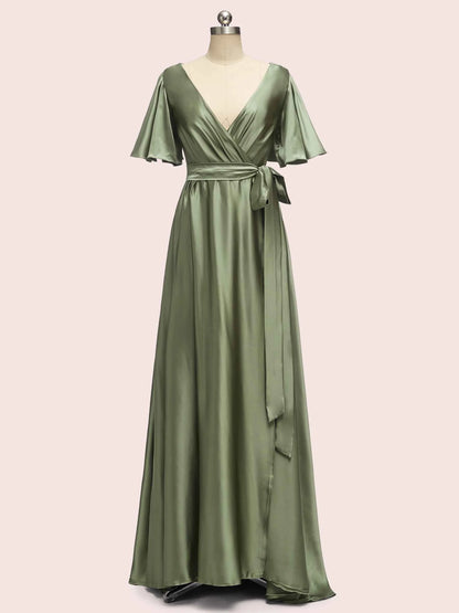 Elegant V-Neck A-Line Long Soft Satin Short Sleeve Bridesmaid Dresses